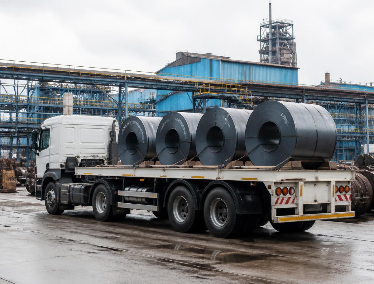 Rexaco flatbed truck loaded with steel coils at an industrial yard
